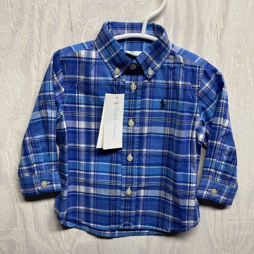 6M Ralph Lauren Blue Plaid Button down long sleeve shirt